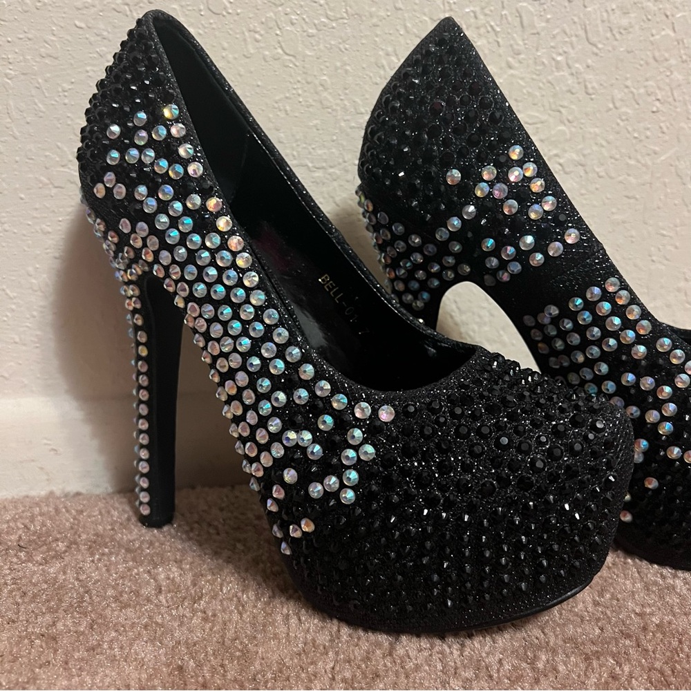 Jeru Black Sparkle Rhinestone Dress High Stiletto Platform Pumps US Size 5 1/2 - Picture 3 of 9